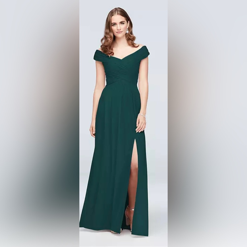 David's Bridal Green Off-Shoulder Prom Dress